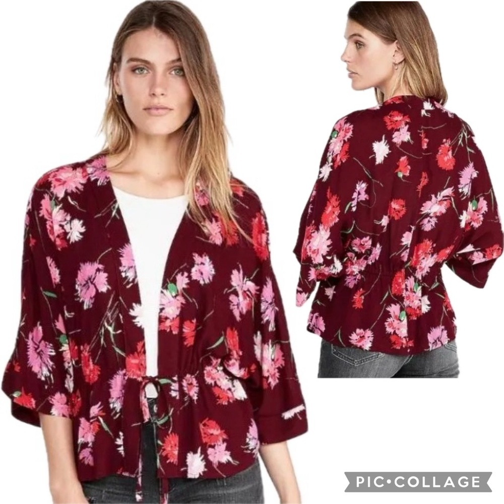 Express Burgundy Floral Cinched Tie Waist 3/4 Sleeve Kimono Top As Seen On TV
